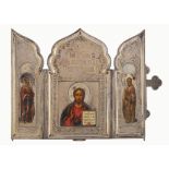 AN IMPERIAL RUSSIAN SILVER-MOUNTED PRESENTATION ICON TRIPTYCH TO EMPRESS MARIA FEODOROVNA, WORKMASTE