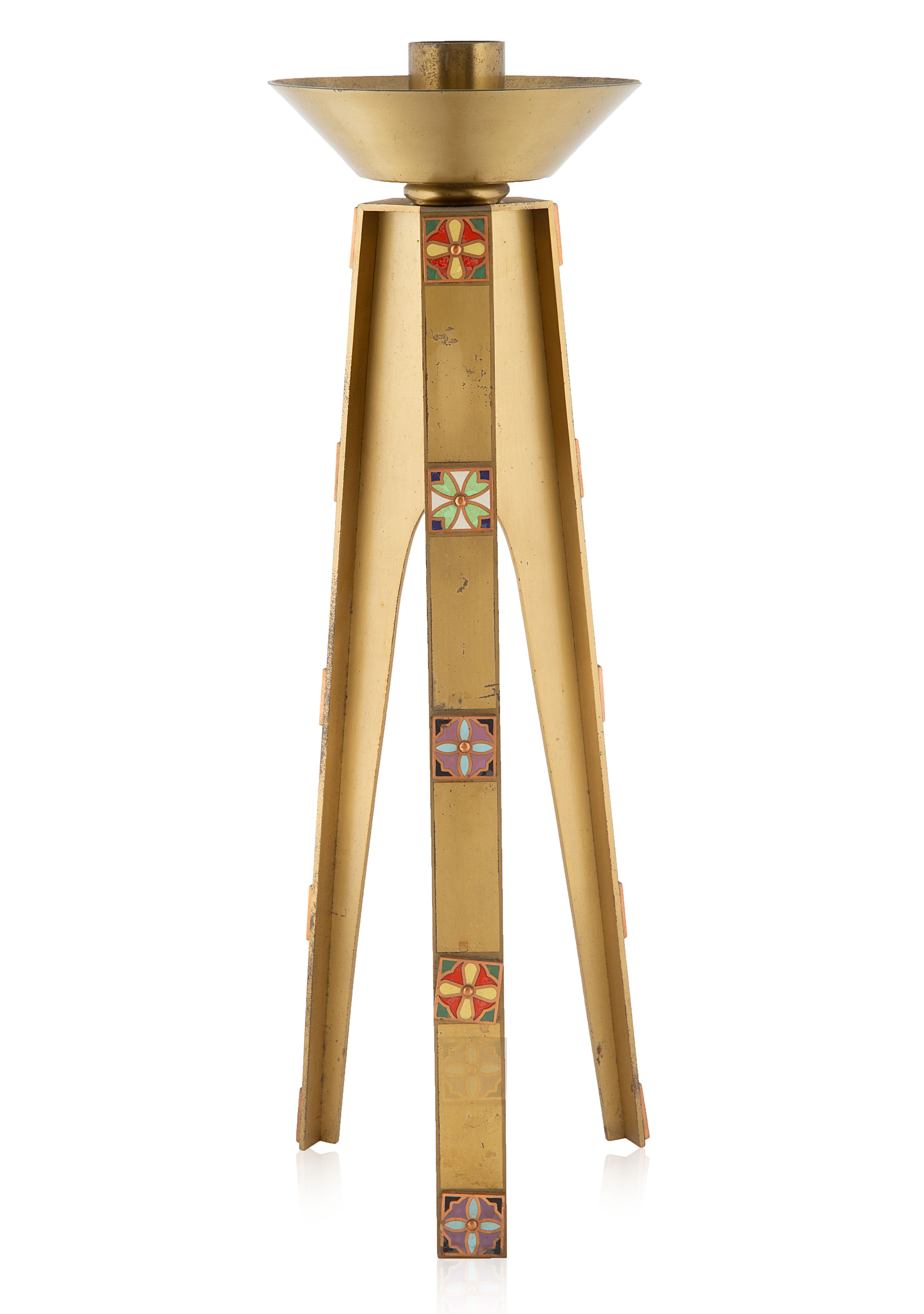 A BRASS ENAMEL TRIPOD CANDLE STAND, 20TH CENTURY