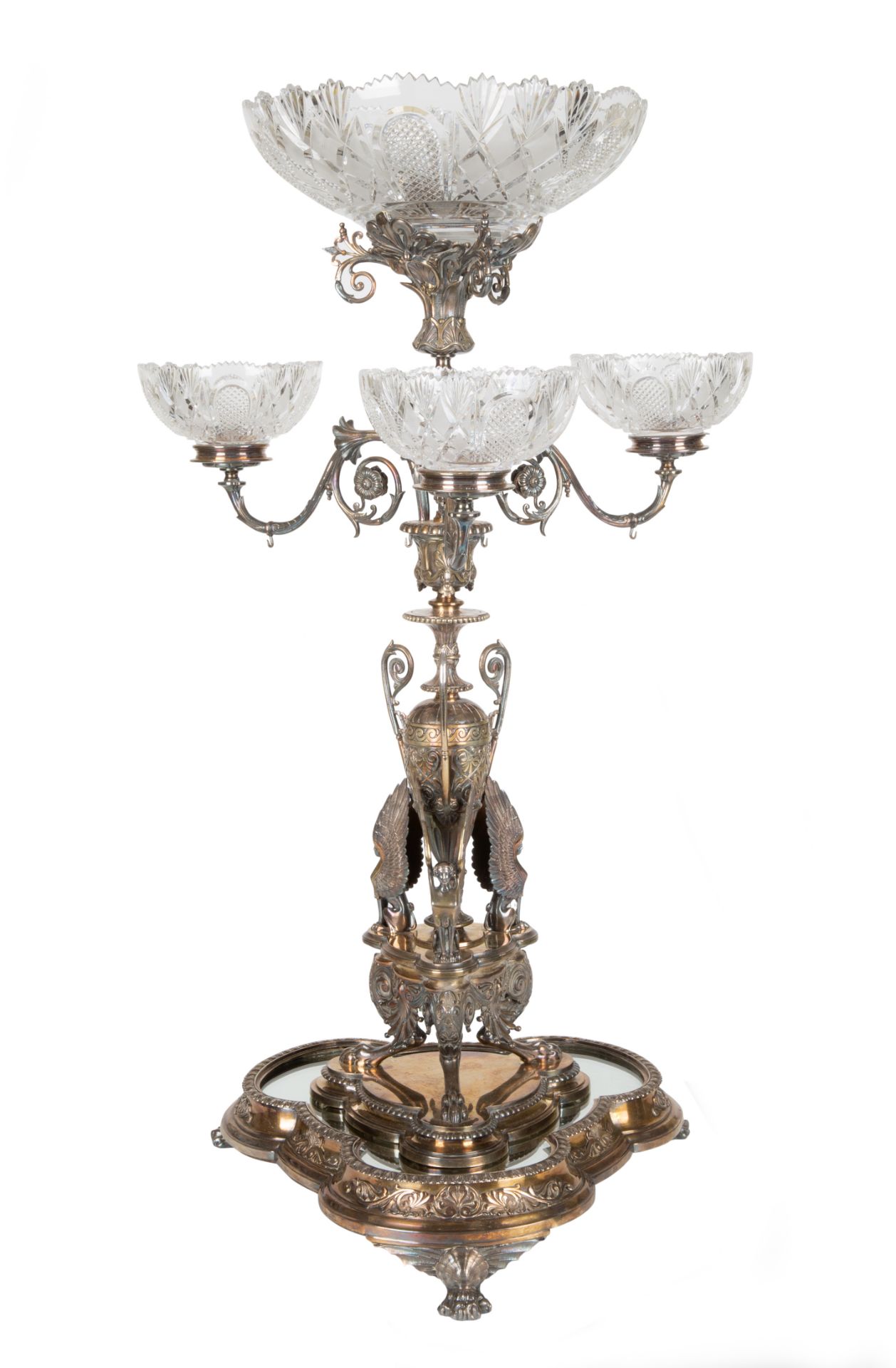 AN BRITISH SILVER-PLATED AND CUT GLASS TWO-PIECE EPERGNE, PROBABLY DESIGNED BY AUGUSTE ADOLPHE WILLM