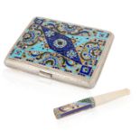 A RUSSIAN SILVER AND CLOISONNE ENAMEL CIGARETTE CASE WITH MATCHING CIGARETTE HOLDER, MOSCOW, 1908-19