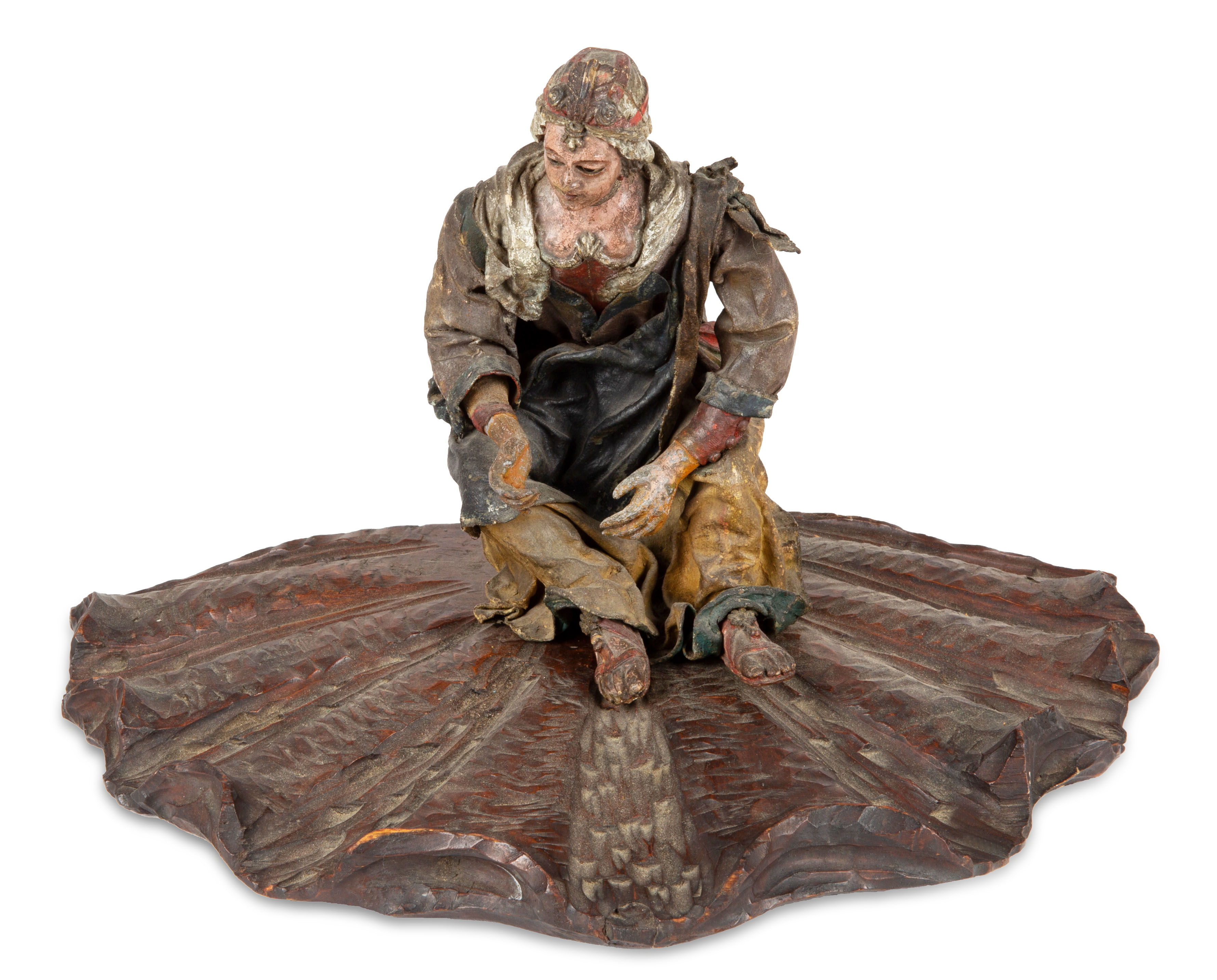 A POLYCHROME WOOD AND CLOTH FIGURE WITH STAND, 20TH CENTURY - Image 2 of 3