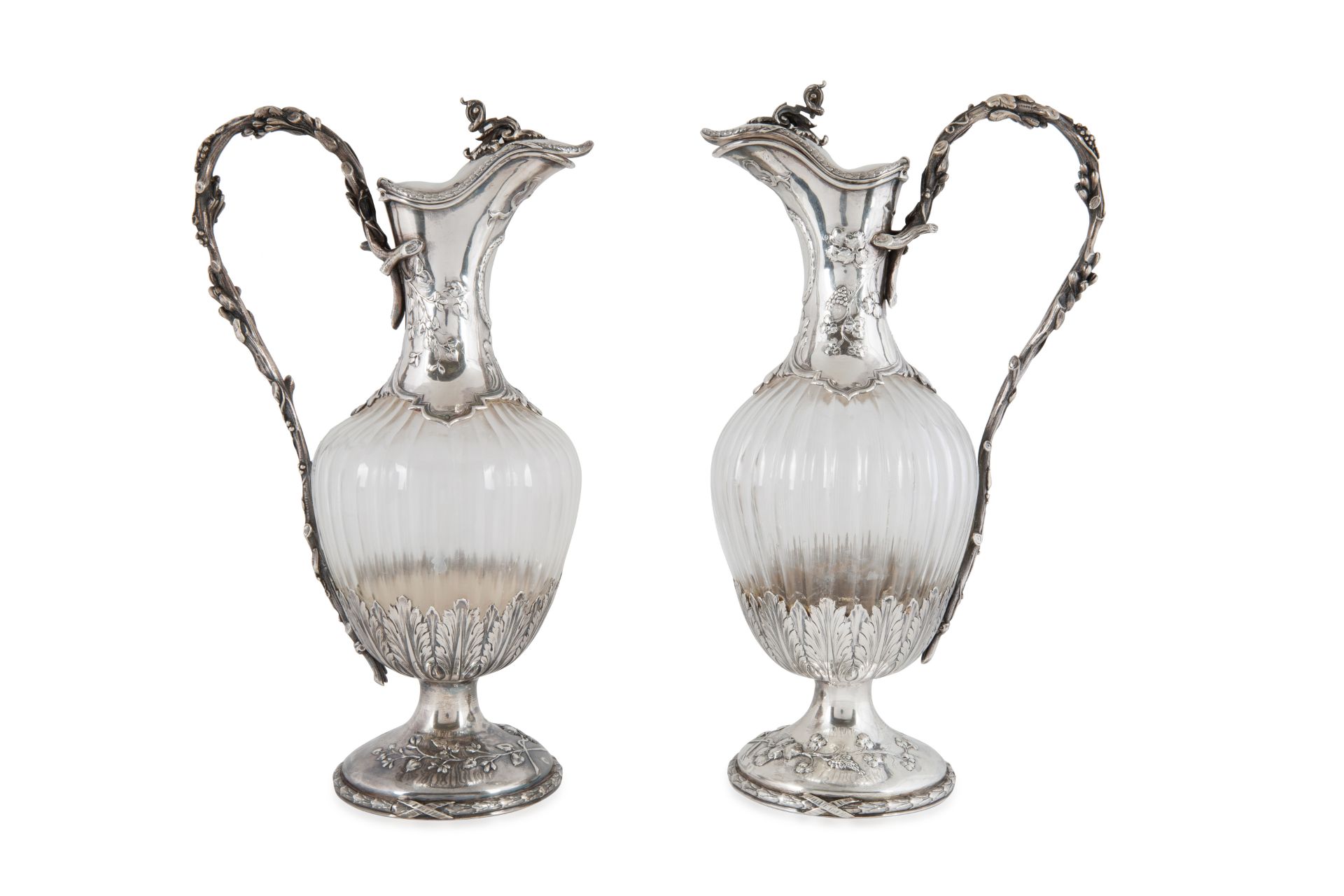 A PAIR OF ITALIAN SILVER AND GLASS PITCHERS, ASCANIO, EARLY 20TH CENTURY