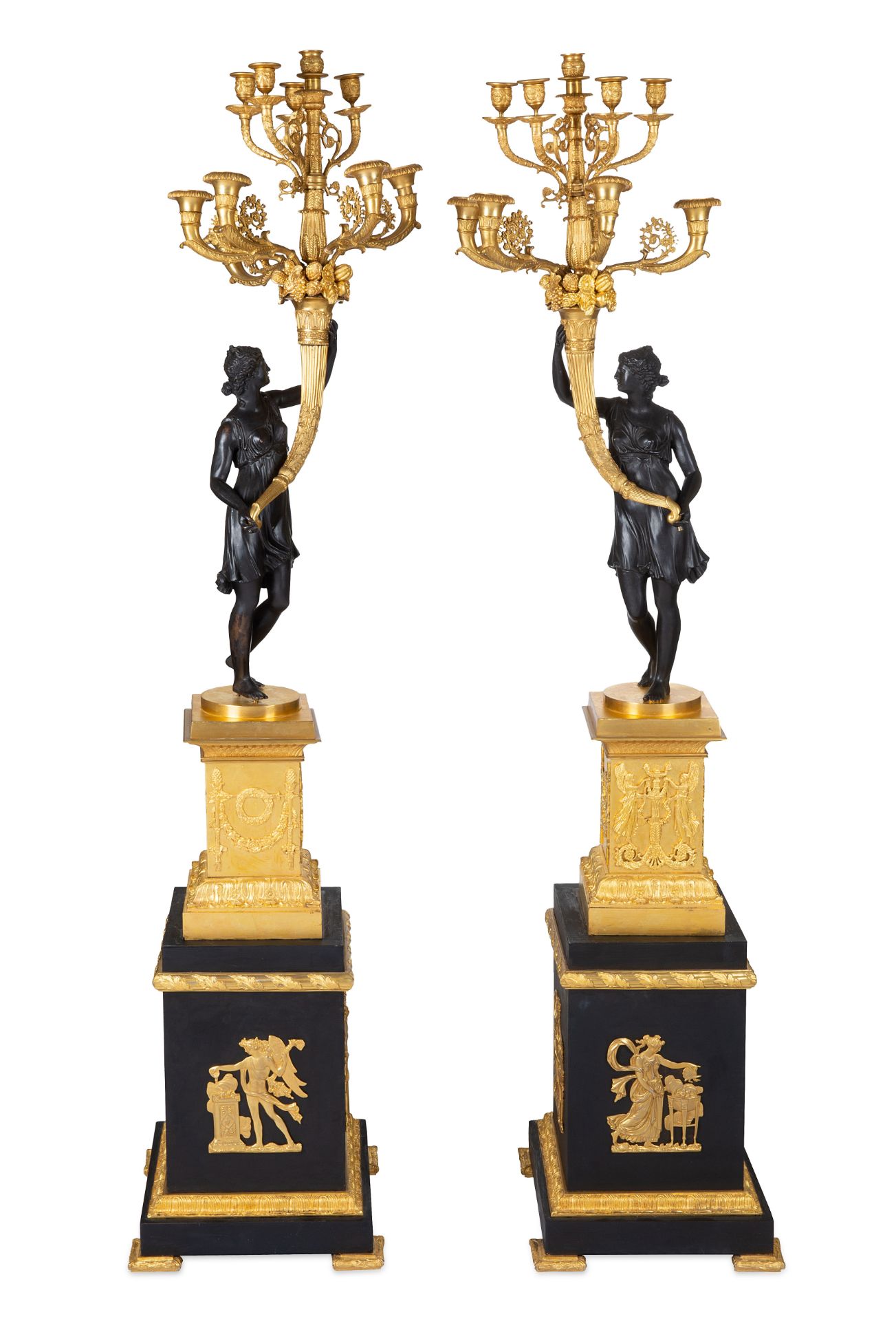 PAIR OF FRENCH NEOCLASSICAL ORMOLU AND PATINATED BRONZE NINE-LIGHT FIGURAL CANDELABRA, 19TH CENTURY