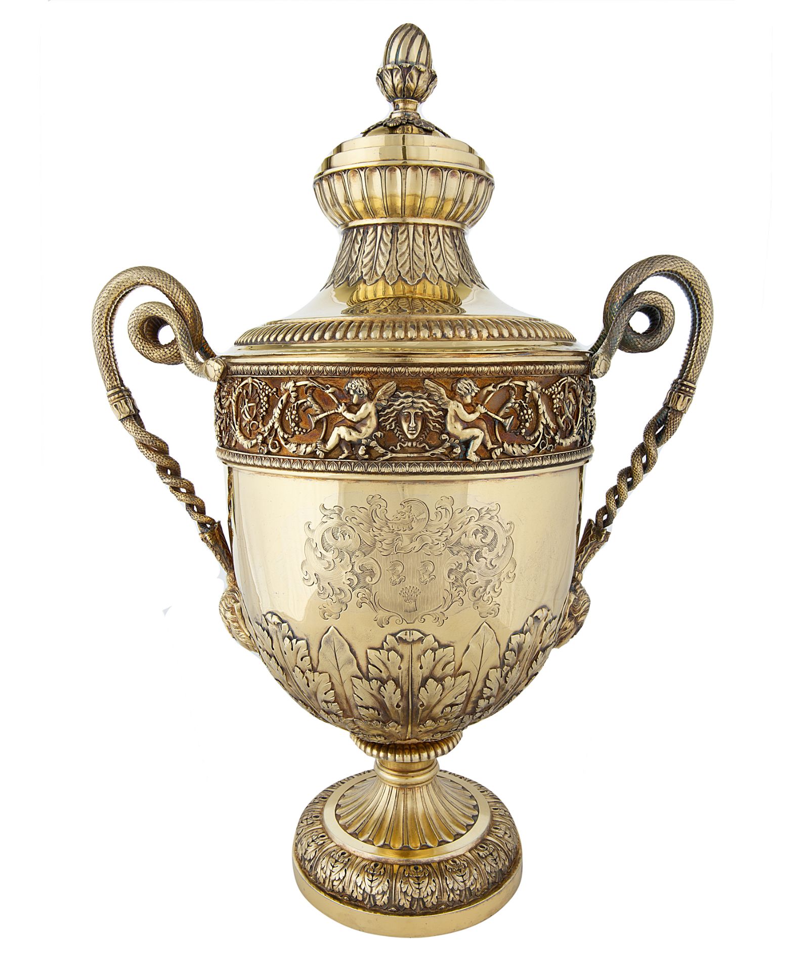 A GEORGE III GILT SILVER URN, WILLIAM BURWASH AND RICHARD SIBLEY, LONDON, 1808