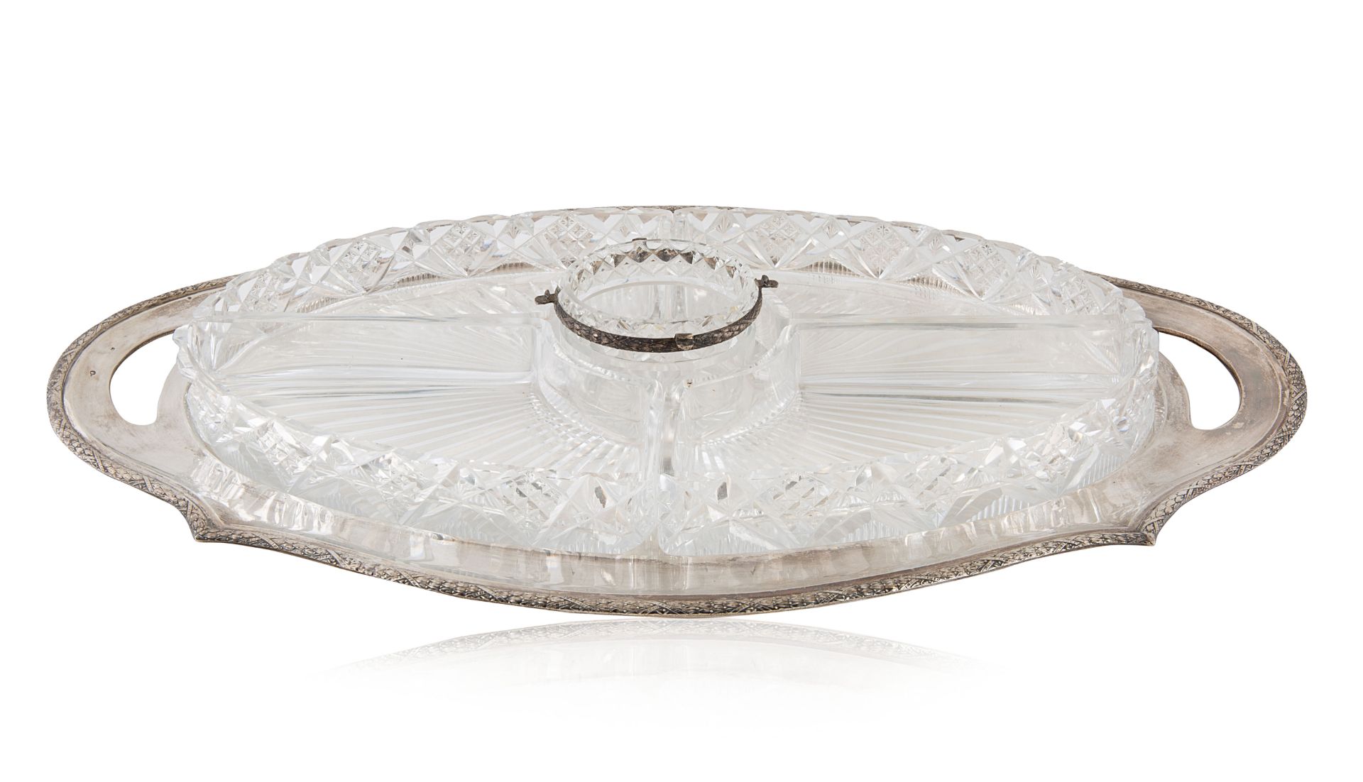 A BRITISH SILVER SERVING TRAY AND CRYSTAL HORS D'OEUVRE FIVE-PIECE SET, ERICH KELLERMAN, 19TH CENTUR