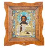 A RUSSIAN ICON OF CHRIST PANTOCRATOR WITH SILVER GILT AND ENAMEL OKLAD, WORKMASTER NIKOLAY GRACHEV,