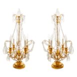 A PAIR OF GIRANDOLE GILDED BRONZE AND CUT GLASS TABLE LAMPS, AFTER E.F. CALDWELL (AMERICAN 1895-1959