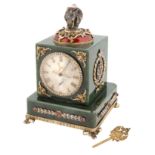 A FABERGE-STYLE NEPHRITE, GILT SILVER AND GUILLOCHE ENAMEL DESK CLOCK, ST. PETERSBURG, 1898-1908