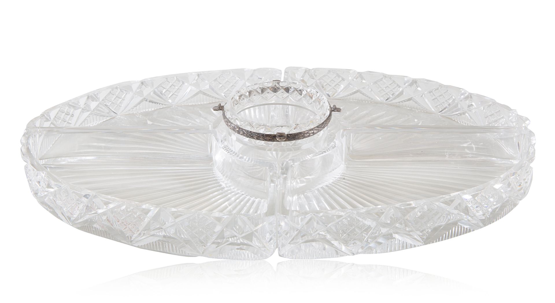 A BRITISH SILVER SERVING TRAY AND CRYSTAL HORS D'OEUVRE FIVE-PIECE SET, ERICH KELLERMAN, 19TH CENTUR - Image 3 of 3