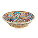 A RUSSIAN GILT SILVER AND CLOISONNE ENAMEL DISH, MAKER ANTIP KUZMICHEV, MOSCOW, 1891
