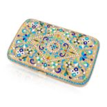 A RUSSIAN GILT SILVER, CLOISONNE AND GUILLOCHE ENAMEL CIGARETTE CASE, MAKER GRIGORY SBITNEV, MOSCOW,