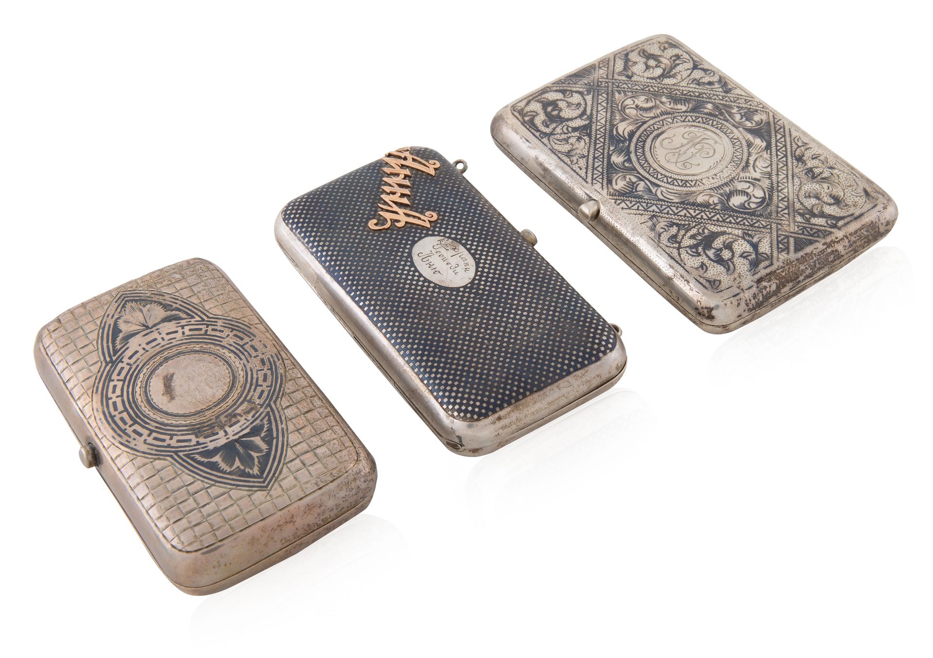 A SET OF THREE RUSSIAN SILVER AND NIELLO CIGARETTE CASES, VARIOUS WORKMASTERS, MOSCOW, 1870S-1890S - Image 2 of 3