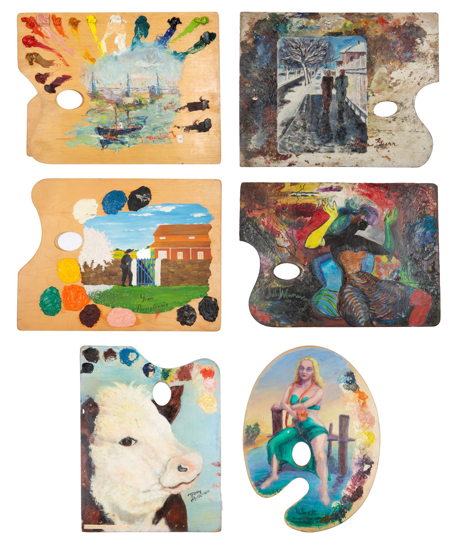 A GROUP OF SIX 20TH CENTURY PAINTED ARTIST PALETTES, INCLUDING LENA GURR (AMERICAN 1897-1992), JOHN