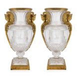 A PAIR OF MONUMENTAL ORMOLU AND CUT CRYSTAL VASES, BACCARAT, 20TH CENTURY