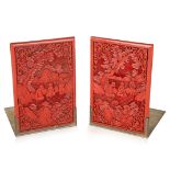 PAIR OF CHINESE CARVED CINNABAR LACQUER PANELS, 18TH-19TH CENTURY, MOUNTED AS BOOKENDS