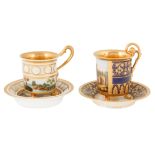 19TH CENTURY GILT AND PAINTED PORCELAIN TEA CUPS AND SAUCERS