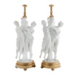 PAIR OF NEOCLASSICAL STYLE BISQUE CERAMIC MAIDEN LAMPS