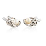 PAIR OF CULTURED YELLOW PEARL, DIAMOND AND WHITE GOLD EARRINGS