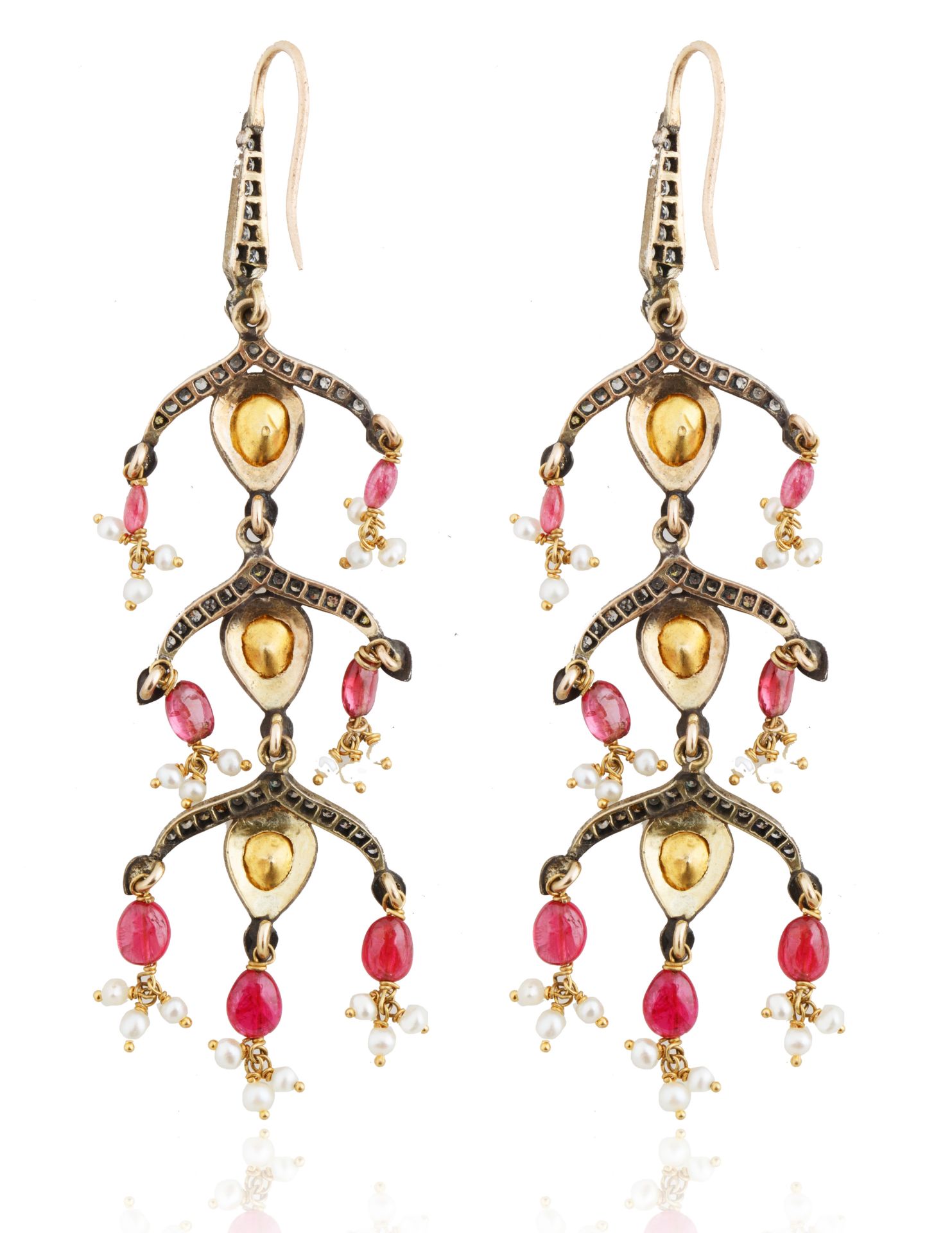 PAIR OF DIAMOND, RUBY AND MICRO PEARL EARRINGS - Image 2 of 3