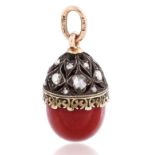 A 1896-1908 FABERGE PURPURINE, GOLD AND DIAMOND EGG PENDANT, WORKMASTER HENRIK WINGSTROM