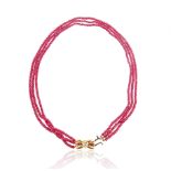 LIKELY FRENCH BEADED THREE LAYER RUBY, DIAMOND AND GOLD NECKLACE