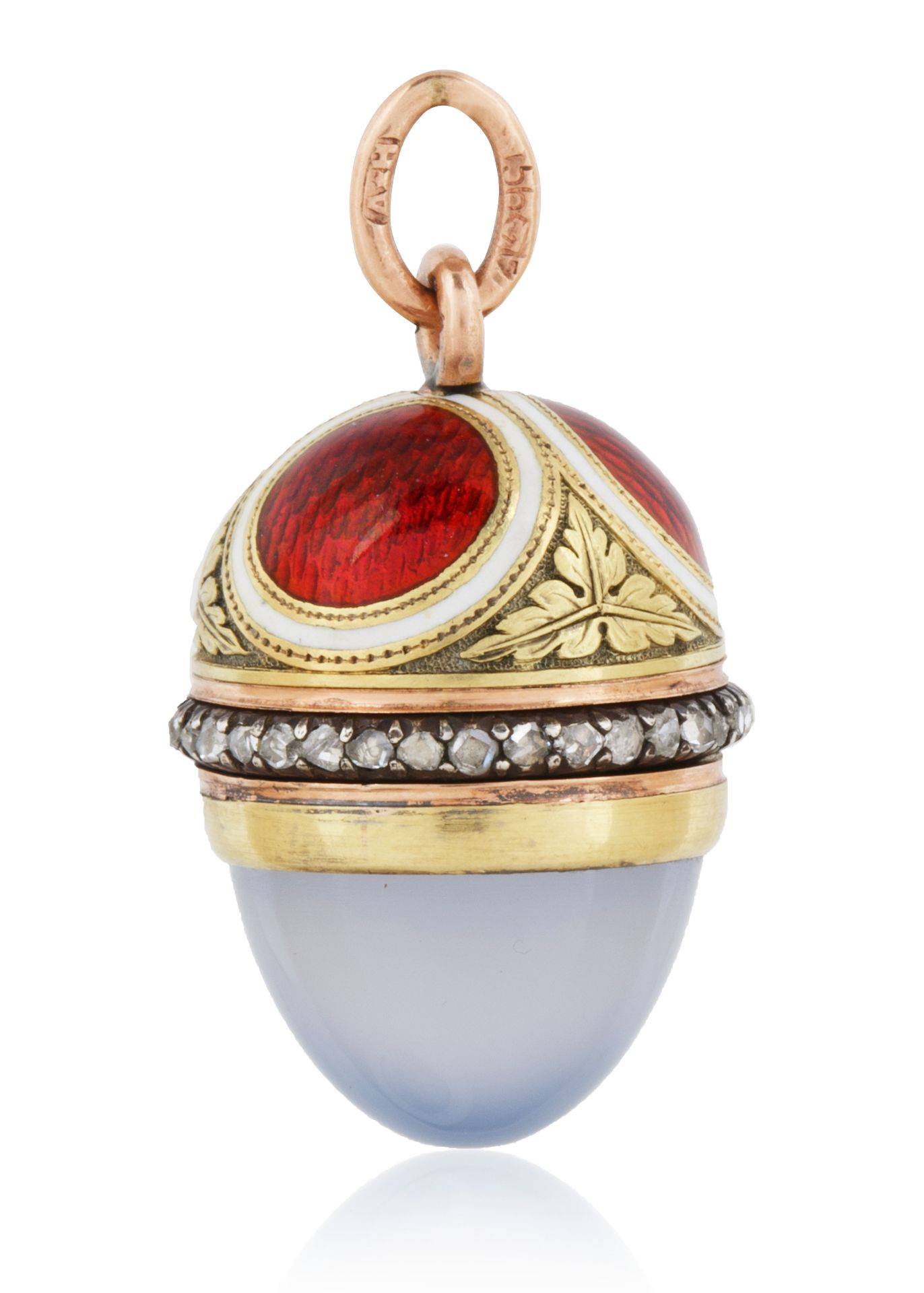 A 1908-1912 FABERGE AUGUST HOLLMING RUSSIAN GOLD, DIAMOND, MOONSTONE AND ENAMEL EGG PENDANT, ST. PET - Image 2 of 4