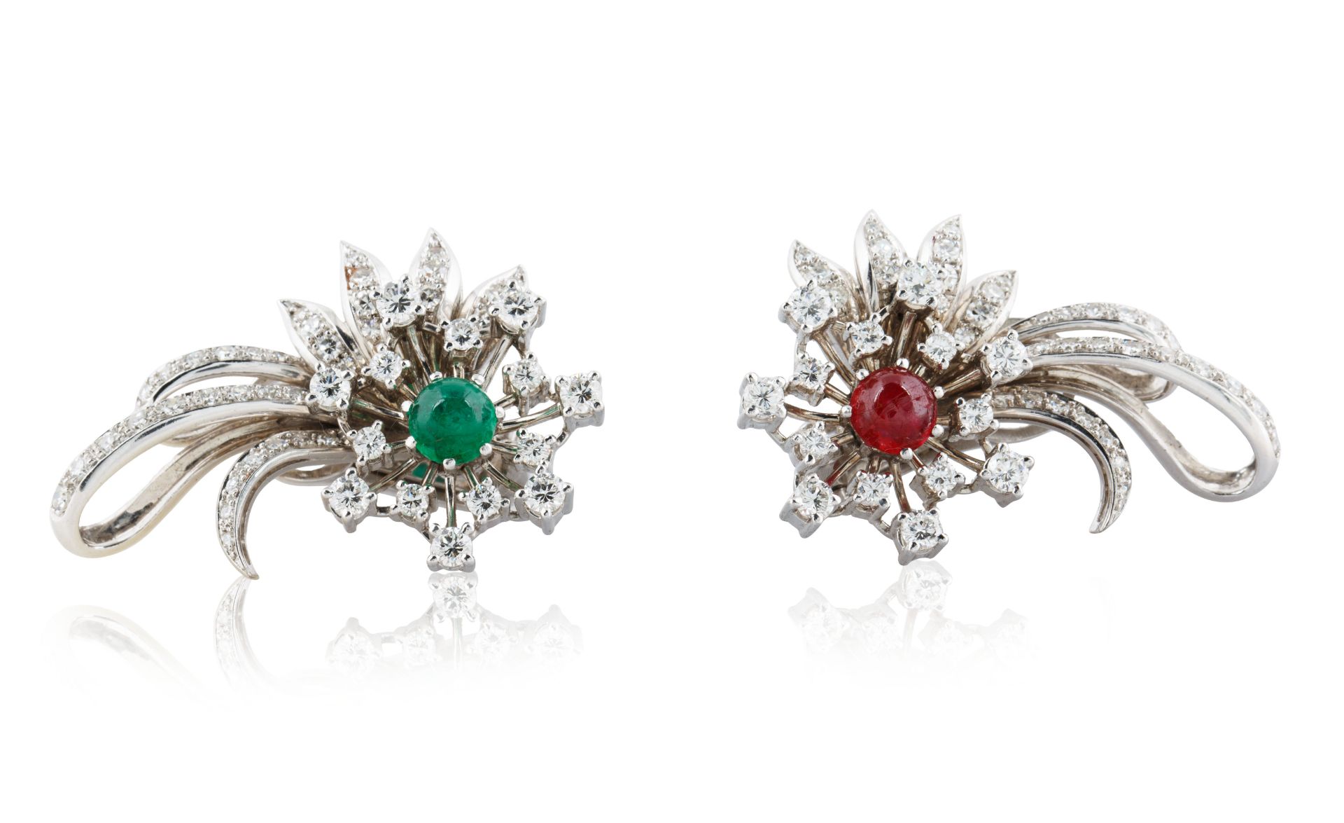 MID-20TH CENTURY PAIR OF TIFFANY & CO. DIAMOND, RUBY AND EMERALD CLIP EARRINGS