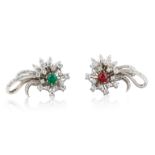 MID-20TH CENTURY PAIR OF TIFFANY & CO. DIAMOND, RUBY AND EMERALD CLIP EARRINGS