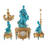 A LATE 19TH MINTONS OR MINTONS-STYLE THREE-PIECE PORCELAIN DESK CLOCK