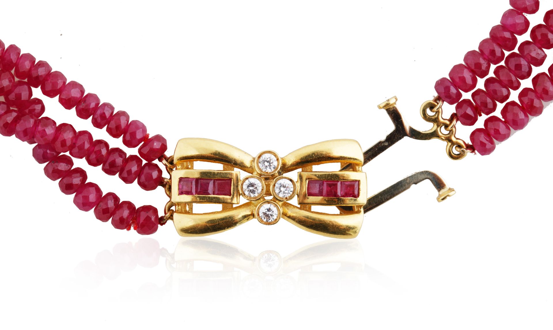 LIKELY FRENCH BEADED THREE LAYER RUBY, DIAMOND AND GOLD NECKLACE - Image 2 of 4