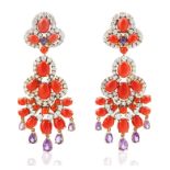 A PAIR VAN CLEEF AND ARPEL DIAMOND, CORAL AND AMETHYST EARRINGS