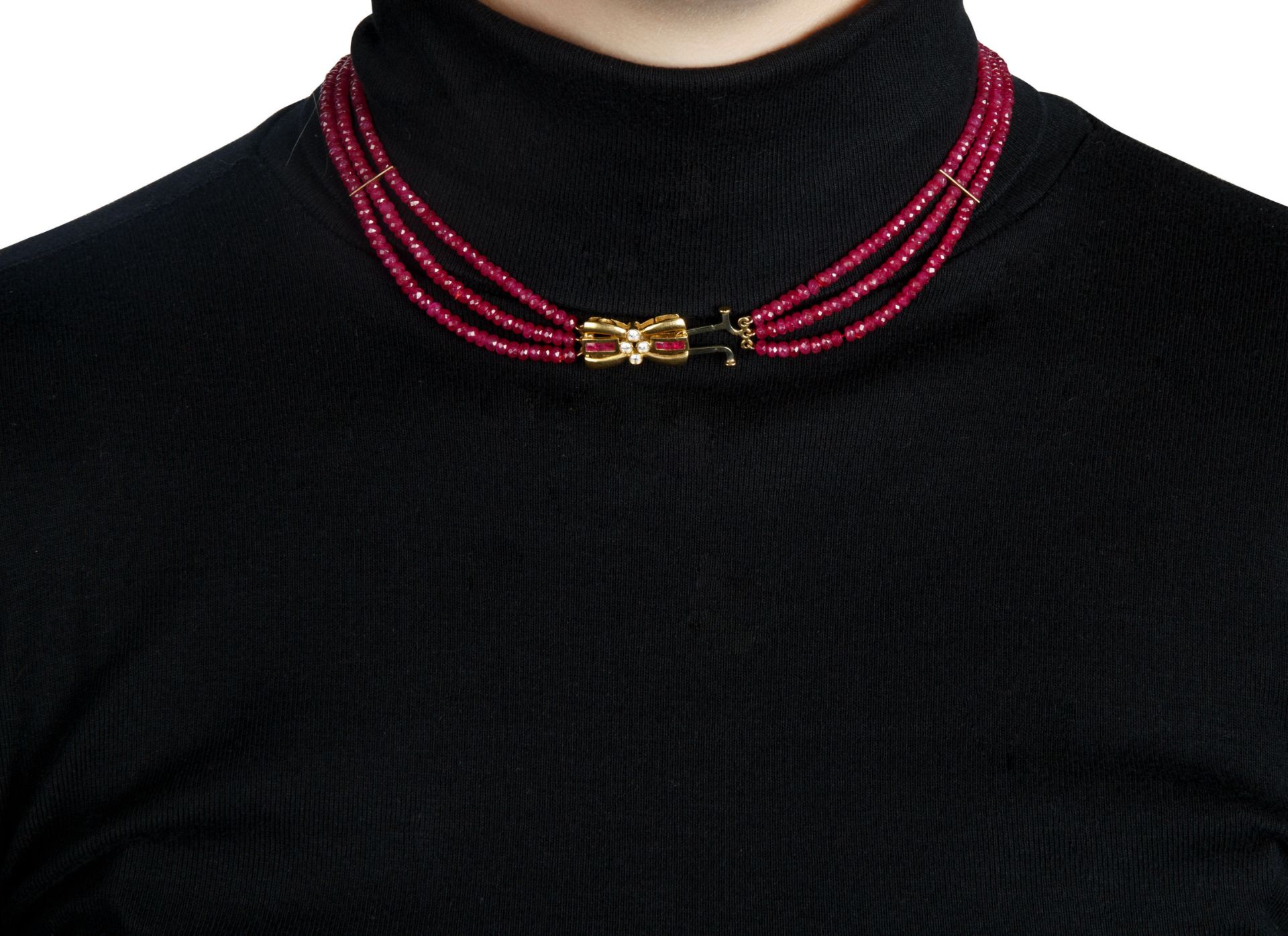 LIKELY FRENCH BEADED THREE LAYER RUBY, DIAMOND AND GOLD NECKLACE - Image 4 of 4