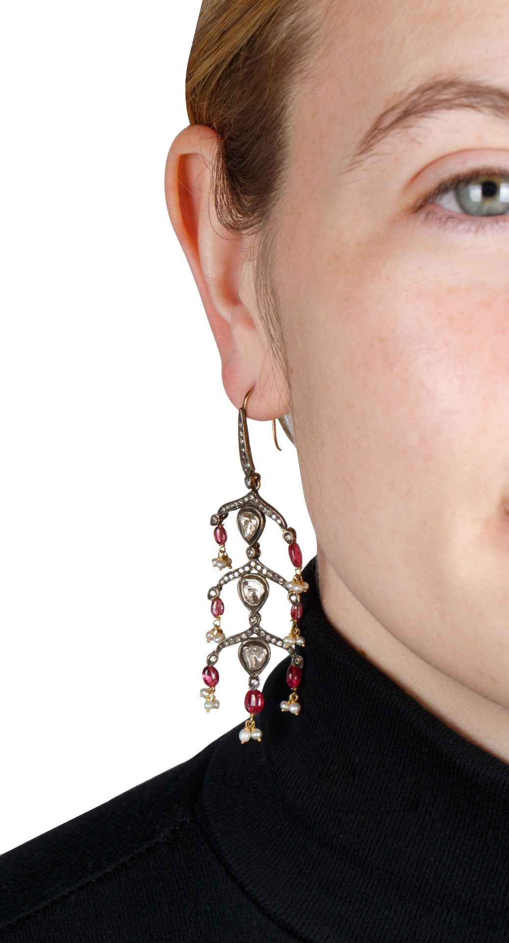 PAIR OF DIAMOND, RUBY AND MICRO PEARL EARRINGS - Image 3 of 3