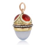 A 1908-1912 FABERGE AUGUST HOLLMING RUSSIAN GOLD, DIAMOND, MOONSTONE AND ENAMEL EGG PENDANT, ST. PET