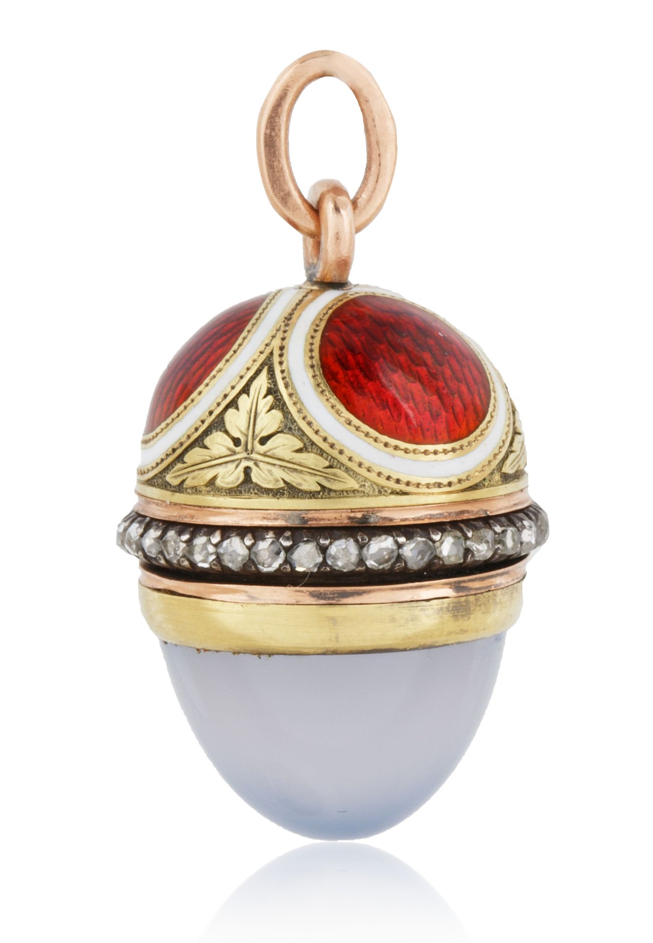 A 1908-1912 FABERGE AUGUST HOLLMING RUSSIAN GOLD, DIAMOND, MOONSTONE AND ENAMEL EGG PENDANT, ST. PET