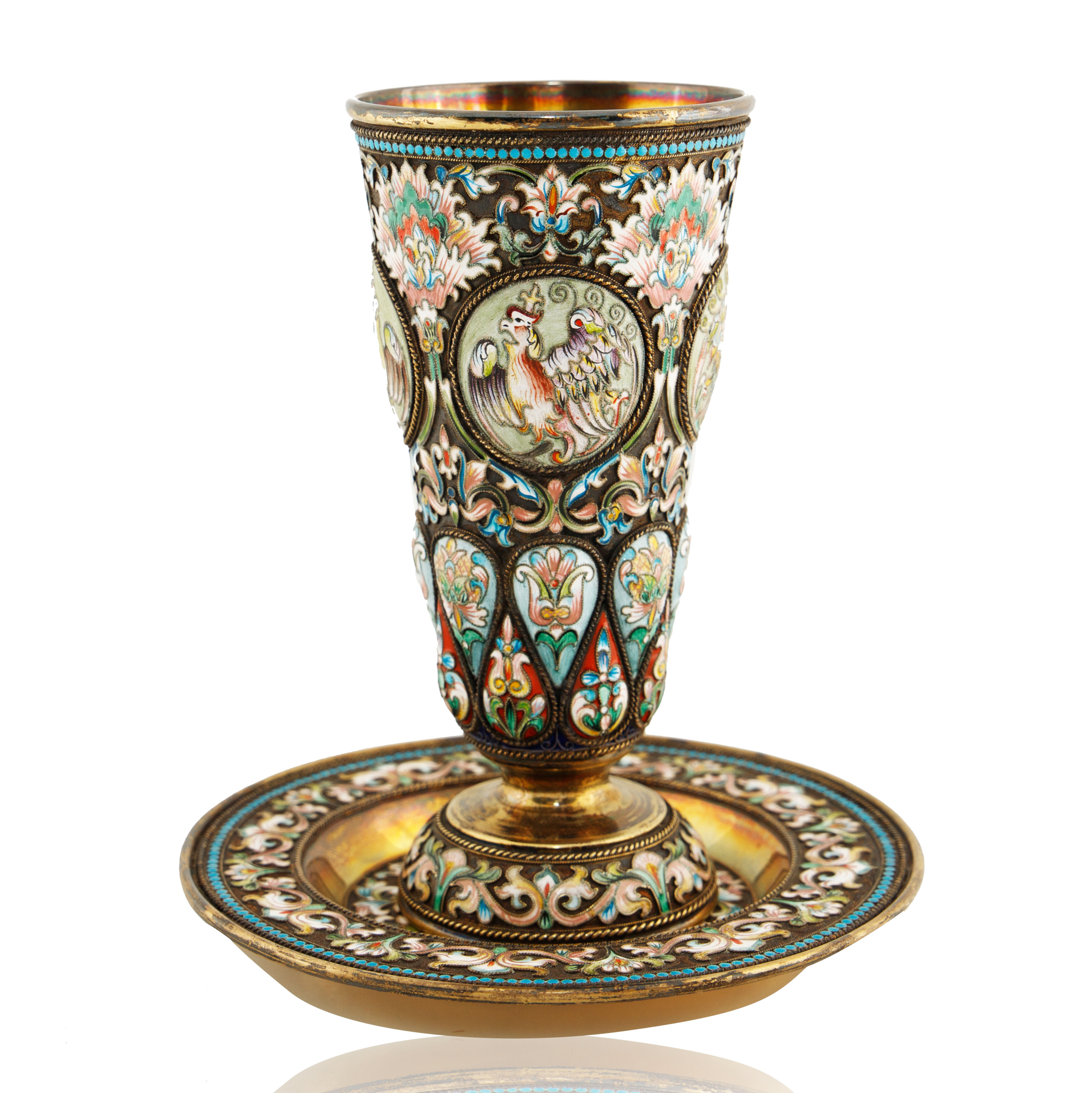 A LATE 20TH CENTURY RUSSIAN SILVER AND SHADED CLOISONNE CUP AND SAUCER SET, MANNER OF MARIA SEMENOVA