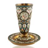 A LATE 20TH CENTURY RUSSIAN SILVER AND SHADED CLOISONNE CUP AND SAUCER SET, MANNER OF MARIA SEMENOVA