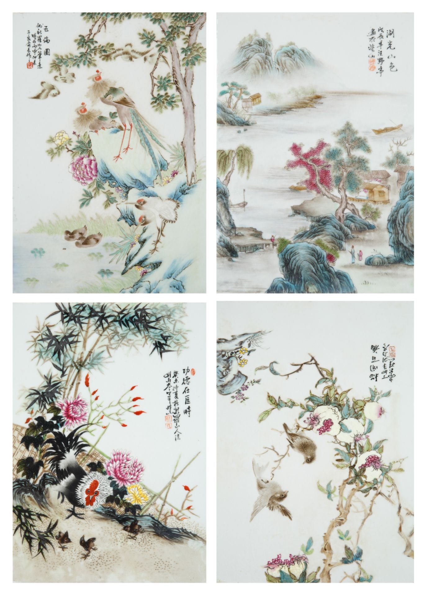 FOUR FAMILLE ROSE CHINESE PORCELAIN PLAQUES