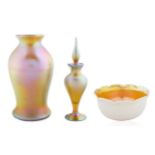 GROUP OF THREE QUEZAL ART GLASS DECORATIVE PIECES