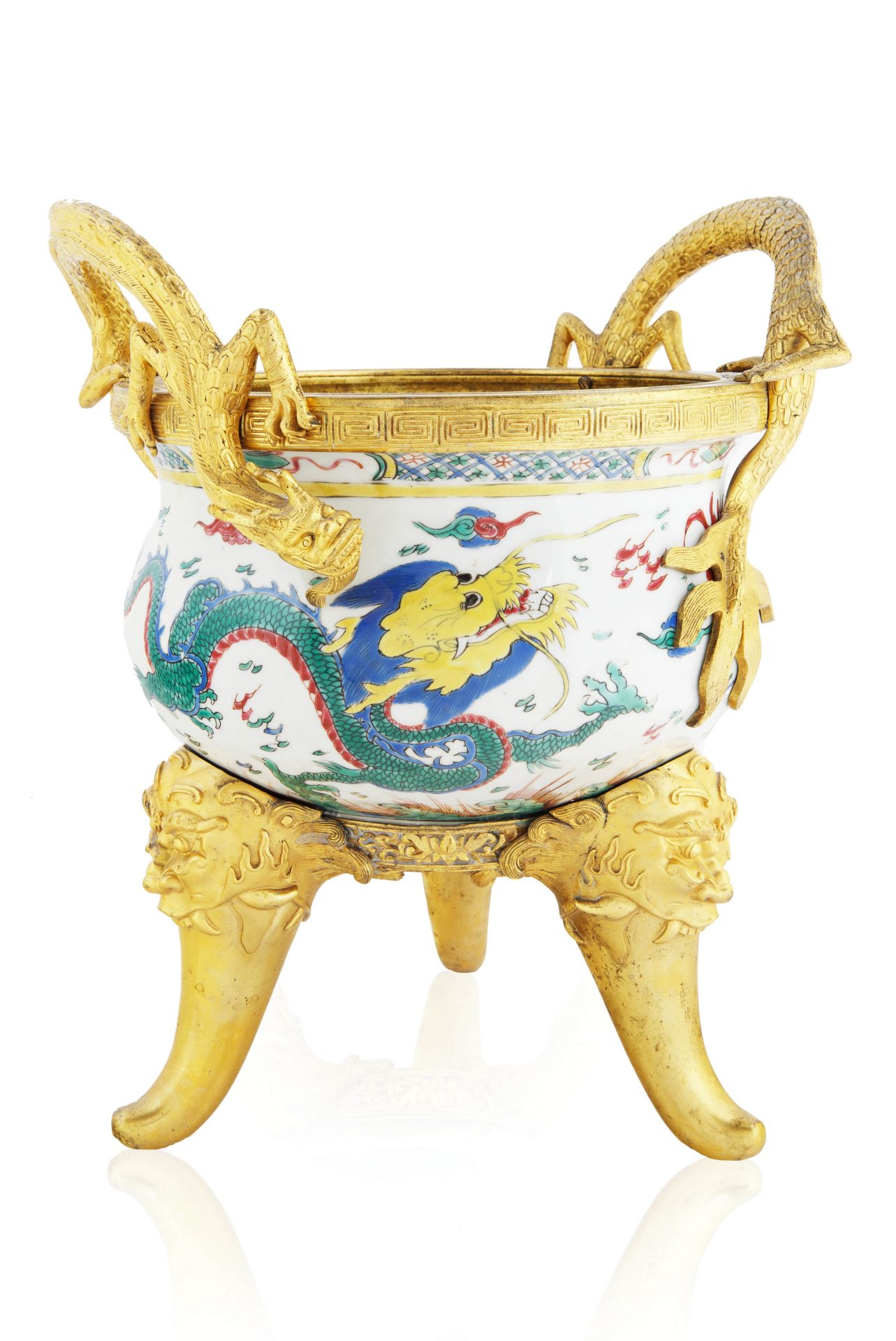 A FAMILLE VERT ORMOLU-MOUNTED BOWL ON STAND