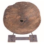 MOUNTED EARLY WOODEN CART WHEEL SCULPTURE