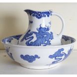 VICTORIAN BLUE AND WHITE JUG AND BOWL