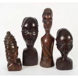 GROUP OF FOUR AFRICAN HARDWOOD SCULPTED BUSTS