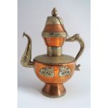 TIBETAN COPPER AND WHITE METAL TEAPOT