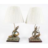 PAIR OF BRONZE THAI DEITY STEMMED TABLE LAMPS