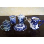 GROUP OF 5 BLUE AND WHITE JARS AND SAUCERS