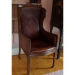 EDWARDIAN MAHOGANY AND INLAID WINGBACK CHAIR