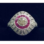 18CT WHITE GOLD RUBY AND DIAMOND BOMBAY RING