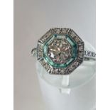 18CT WHITE GOLD EMERALD AND DIAMOND TARGET RING
