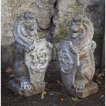 PAIR OF MOULDED STONE ARMORIAL LIONS